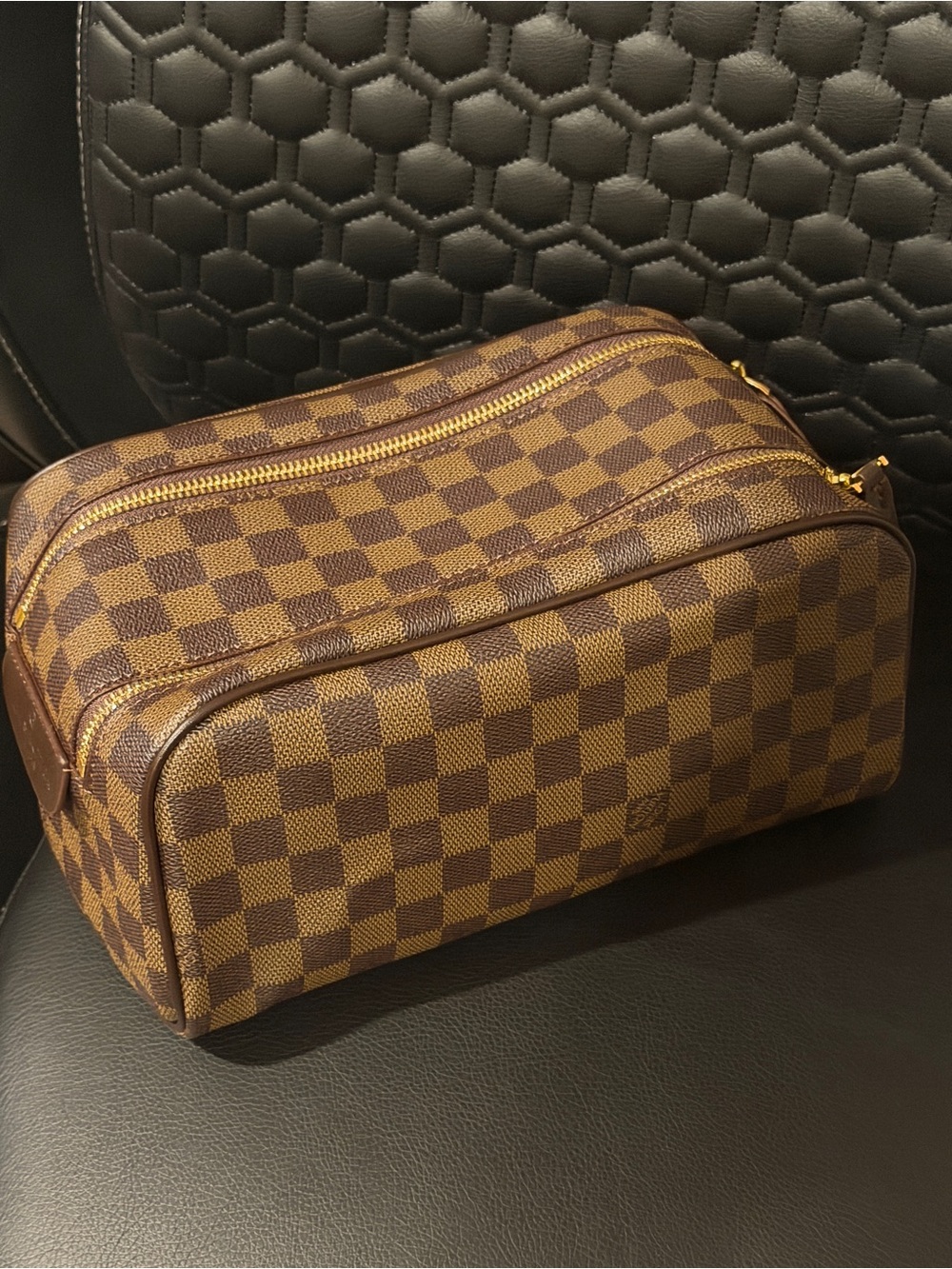 Brown Checkered Travel Toiletry Bag